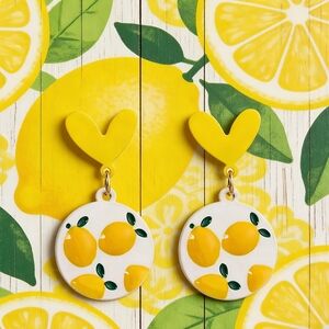 NEW Lemon Drop Earrings Yellow Heart & Citrus Dangle Statement